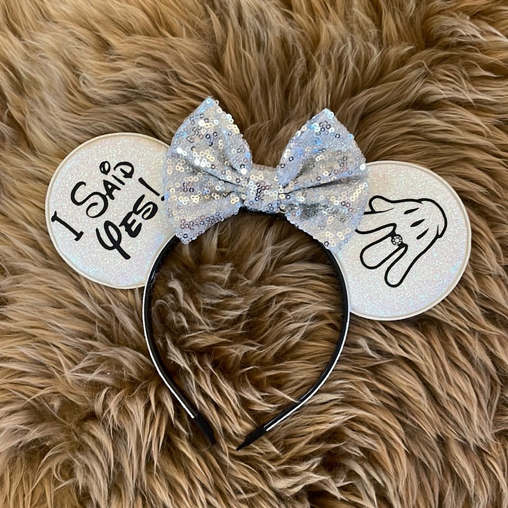 Engagement “I said yes” Mickey ears headband with silver sequin bow